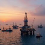 Two oil rigs stand tall amidst calm waters as a beautiful sunset casts vibrant hues across the sky, illuminating the horizon with shades of orange, purple, and pink.